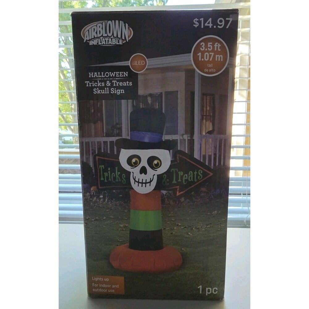3 1/2' Gemmy Airblown Inflatable Skull Sign Tricks & Treats Halloween Spooky - Picture 2 of 5